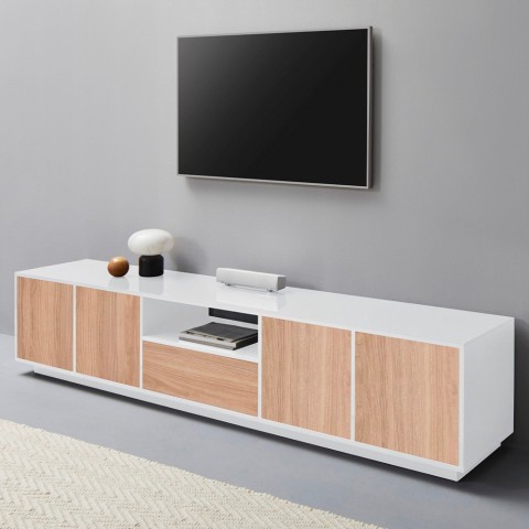 Moderne TV-Bank aus Holz in weiß 220cm Wohnzimmer Aston Wood Aktion