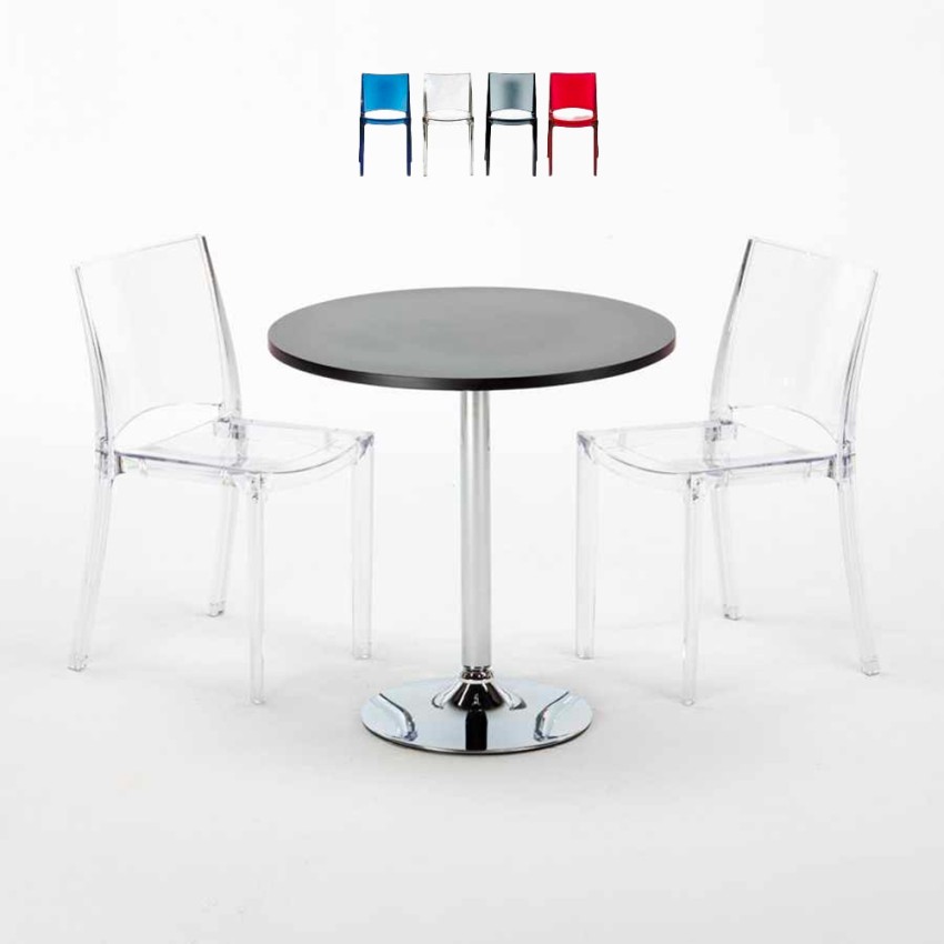 Table Ronde Noire 70x70cm Avec 2 Chaises Colorées Grand Soleil Set Intérieur Bar Café B-Side Ghost Vente Table Ronde Noire 70x70cm Avec 2 Chaises Colorées Grand Soleil Set Intérieur Bar Café B-Side Ghost Vente
