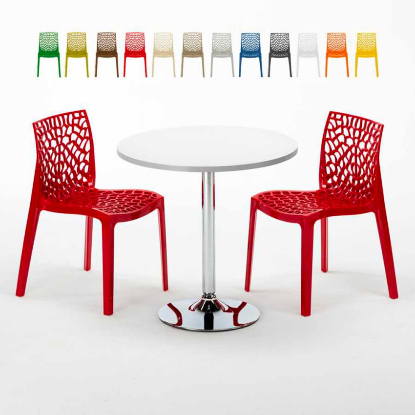 Tavolino Rotondo Bianco 70x70 cm con Base in Acciaio e 2 Sedie Colorate Gruvyer Island Scelta Tavolino Rotondo Bianco 70x70 cm con Base in Acciaio e 2 Sedie Colorate Gruvyer Island Scelta