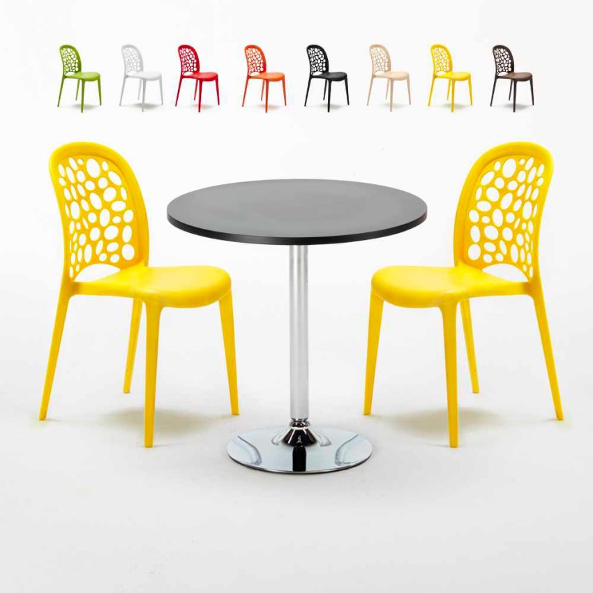 Table ronde noire 70 x 70 cm et 2 Chaises Colorées Intérieur Bar Café WEDDING Cosmopolitan Réductions Table ronde noire 70 x 70 cm et 2 Chaises Colorées Intérieur Bar Café WEDDING Cosmopolitan Réductions