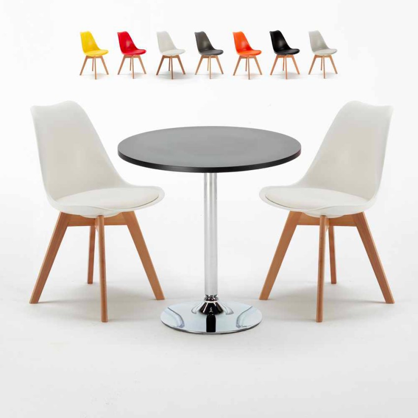 Table Ronde Noire 70x70cm 2 Chaises Colorées Intérieur Bar Café Nordica Cosmopolitan Vente Table Ronde Noire 70x70cm 2 Chaises Colorées Intérieur Bar Café Nordica Cosmopolitan Vente