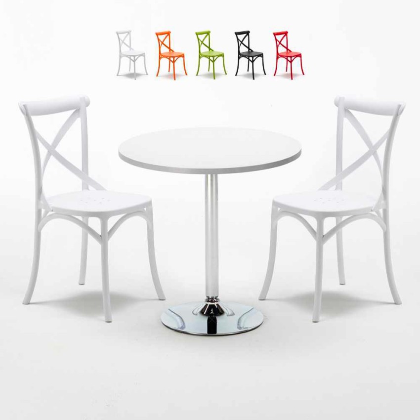 Table ronde blanche 70x70cm Avec 2 Chaises Colorées Intérieur bar café Vintage Long Island Vente Table ronde blanche 70x70cm Avec 2 Chaises Colorées Intérieur bar café Vintage Long Island Vente
