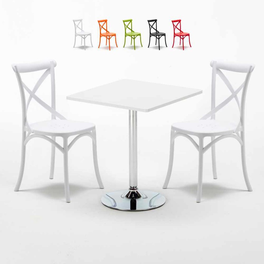 Weiß Quadratisch Tisch und 2 Stühle Farbiges Polypropylen-Innenmastenset Vintage Cocktail Angebot Weiß Quadratisch Tisch und 2 Stühle Farbiges Polypropylen-Innenmastenset Vintage Cocktail Angebot