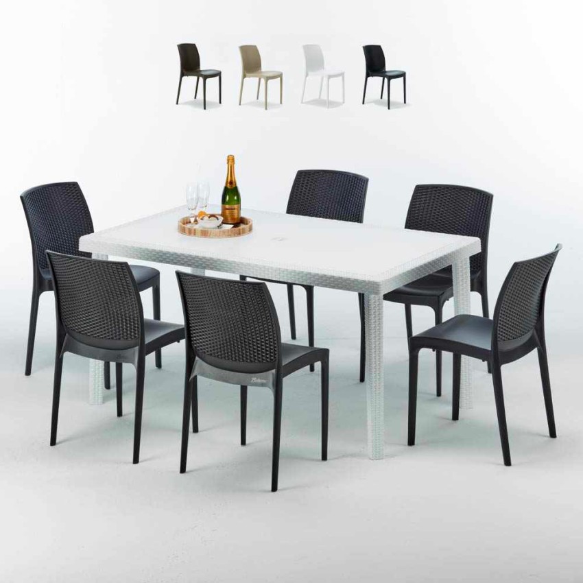 Weiß Rechteckig Tisch und 6 Stühle Farbiges Polypropylen-Außenmastenset Grand Soleil Boheme Summerlife Sales