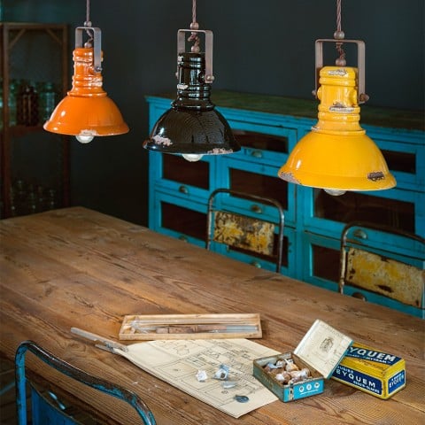 Pendelleuchte aus Eisen und handbemalter Keramik im Vintage-Industriedesign SO Aktion