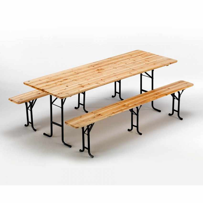 10 Set birreria tavolo panche legno feste sagre 220x80 3 gambe stock Promozione