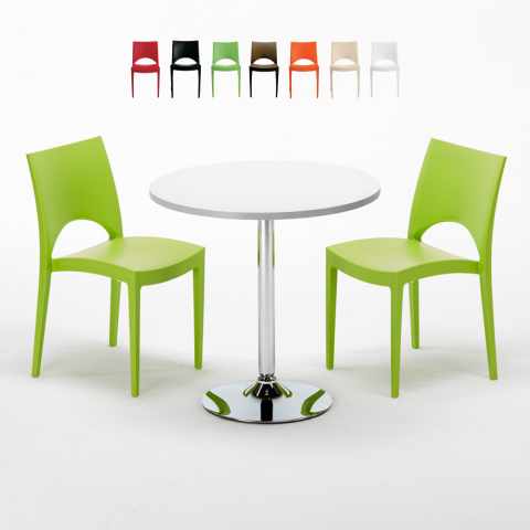 Tavolino Rotondo Bianco 70x70 cm con 2 Sedie Colorate Paris Long Island Promozione