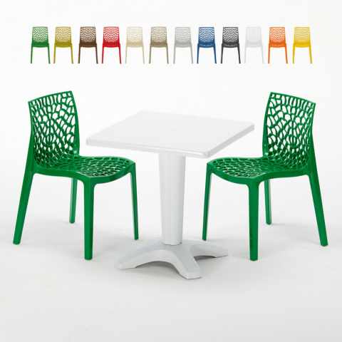 Table Carrée Blanche 70x70cm Avec 2 Chaises Colorées Grand Soleil Set Bar Café Gruvyer Patio Promotion