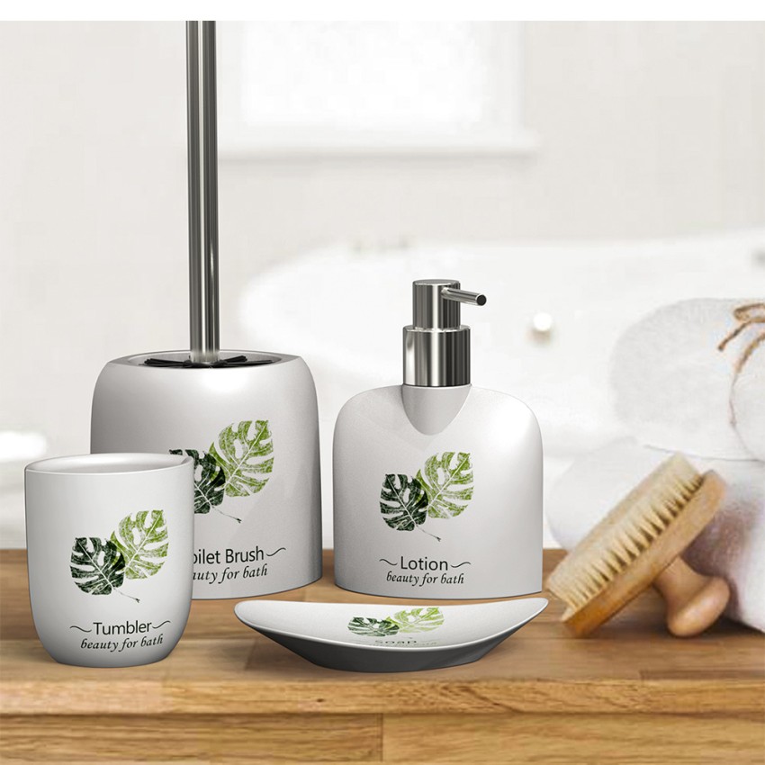 Badezimmer-Zubehörset: Seifenschale, Seifenspender, Zahnputzbecher, Toilettenbürstenhalter Palm Aktion Badezimmer-Zubehörset: Seifenschale, Seifenspender, Zahnputzbecher, Toilettenbürstenhalter Palm Aktion