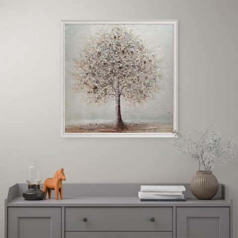 Quadro dipinto a mano tela canvas albero argentato cornice 100x100cm W641 Promozione