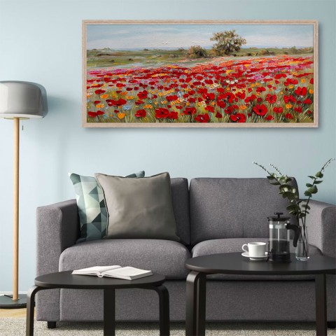Tableau Moderne peinture champ de coquelicots rouges Toile peinte à la main cadre 65 × 150 cm W634 Promotion