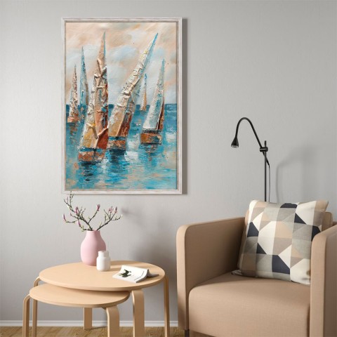 Quadro dipinto a mano barche a vela su tela 60x90cm con cornice Z432 Promozione