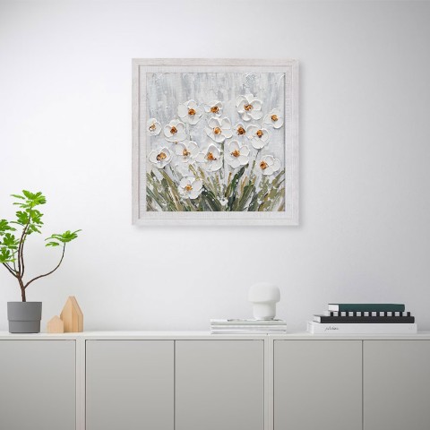 Quadro dipinto a mano su tela prato fiori bianchi con cornice 30x30cm Z501 Promozione