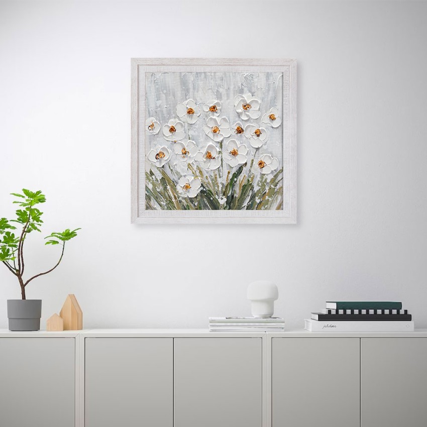 Z501 quadro dipinto a mano su tela prato fiori bianchi cornice 30x30cm