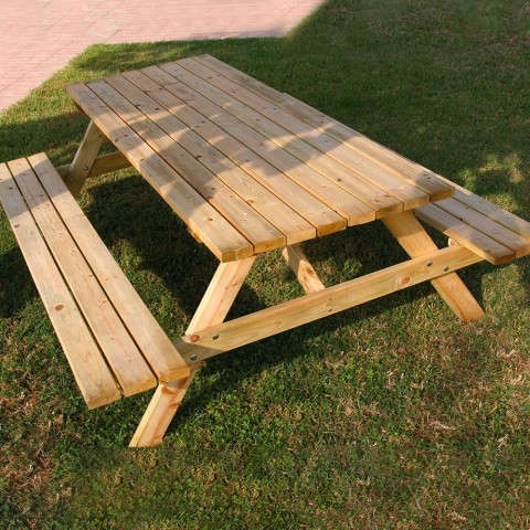 Table de pique-nique avec bancs en bois pour jardin extérieur 180 × 150 cm Promotion