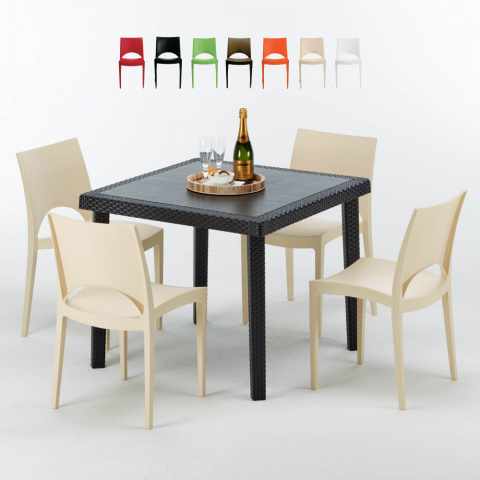 Tavolino Quadrato Nero 90x90 cm con 4 Sedie Colorate Paris Passion Promozione