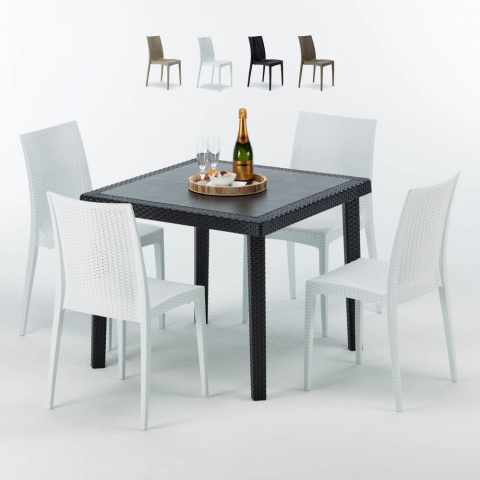 Schwarz Quadratisch Tisch und 4 Stühle Farbiges Polypropylen-Außenmastenset Grand Soleil Bistrot Passion Aktion