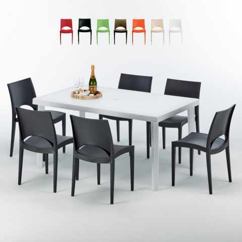 Table Rectangulaire Blanche 150x90cm Avec 6 Chaises Colorées Grand Soleil Set Extérieur Bar Café Paris Summerlife Promotion