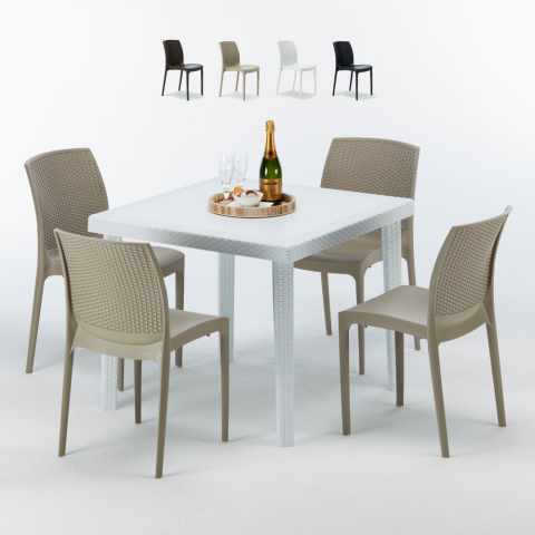 Tavolino Quadrato Bianco 90x90 cm con 4 Sedie Colorate Bohème Love Promozione