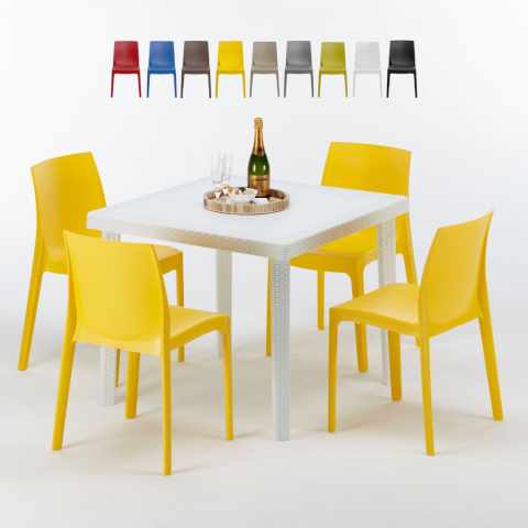 Tavolino Quadrato Bianco 90x90 cm con 4 Sedie Colorate Rome Love Promozione
