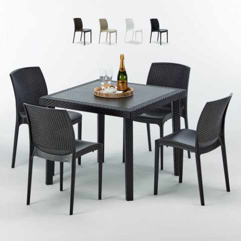 Table Carrée Noire 90x90cm Avec 4 Chaises Colorées Grand Soleil Set Extérieur Bar Café Boheme PASSION Promotion