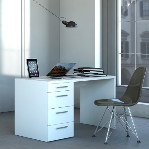 Bureau moderne blanc à 4 tiroirs pour smartworking 110X60 KimDesk WS Promotion