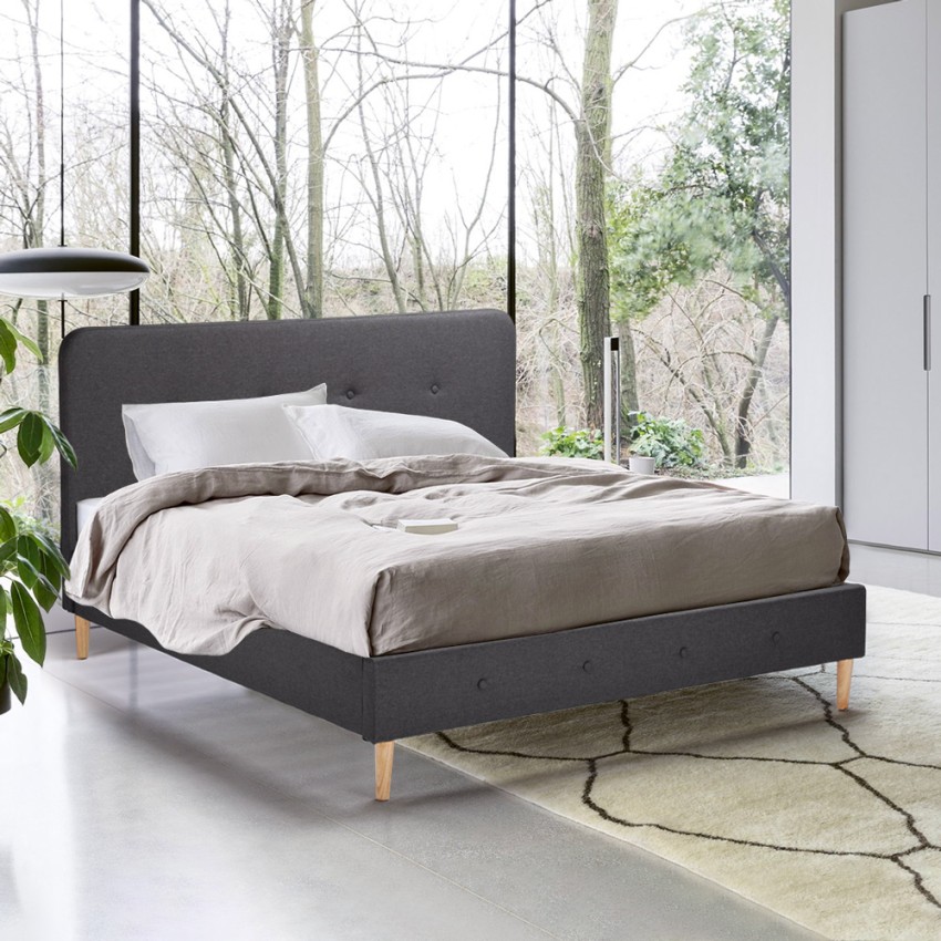 Lit double en tissu et en bois avec sommier à lattes 160x190 Friborg King Promotion Lit double en tissu et en bois avec sommier à lattes 160x190 Friborg King Promotion