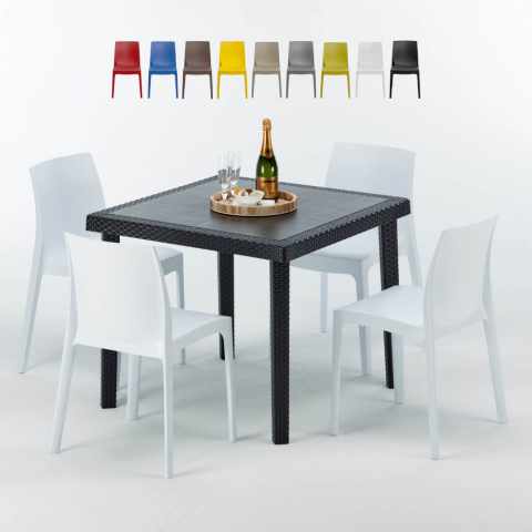 Table Carrée Noire 90x90cm Avec 4 Chaises Colorées Grand Soleil Set Extérieur Bar Café Rome Passion Promotion