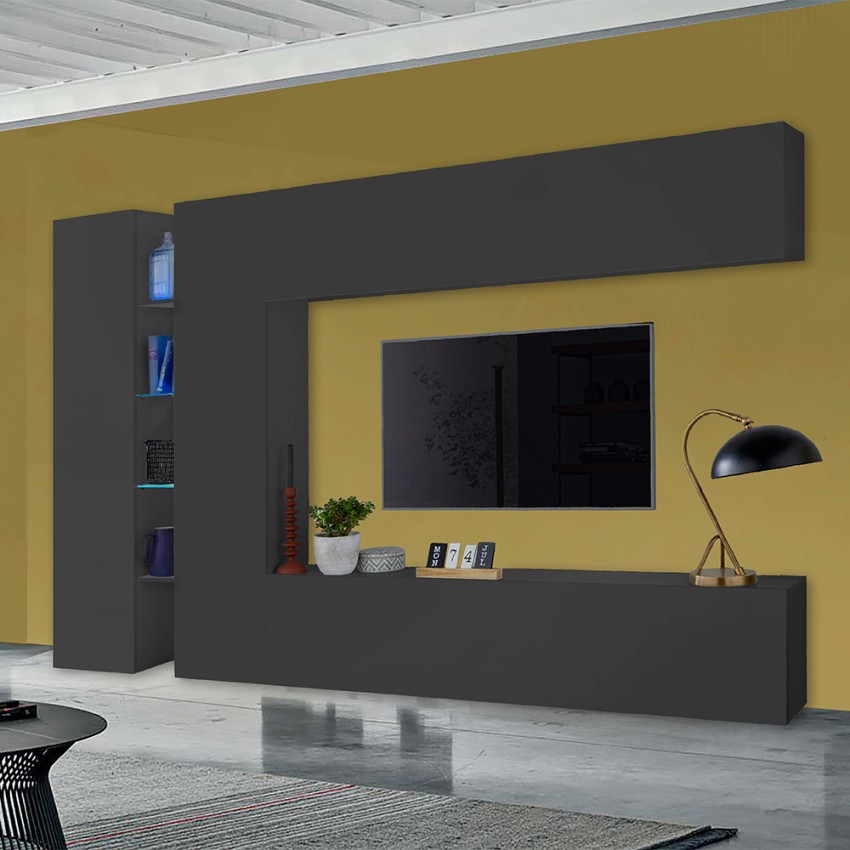Moderne schwarze Wohnwand TV-Möbel mit 2 Schränken und 4 Regalen Note Twin Aktion Moderne schwarze Wohnwand TV-Möbel mit 2 Schränken und 4 Regalen Note Twin Aktion