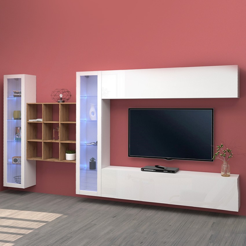 TV-Wandregal Weiß mit 2 Vitrinen und 9 Regalen Eron WH Aktion TV-Wandregal Weiß mit 2 Vitrinen und 9 Regalen Eron WH Aktion