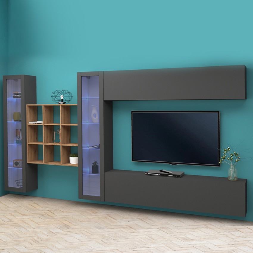Moderne Wohnwand Hängendes TV-Möbel mit Regal und 2 Vitrinen Eron RT Aktion Moderne Wohnwand Hängendes TV-Möbel mit Regal und 2 Vitrinen Eron RT Aktion