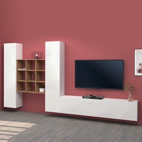 Meuble TV de salon moderne blanc 2 armoires bibliothèque Talka WH Promotion