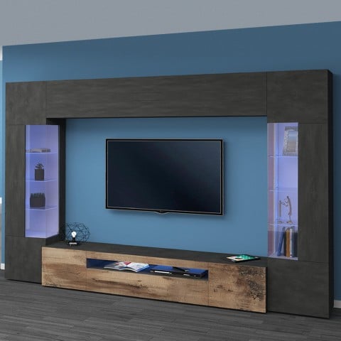 Moderne TV-Wohnwand Schwarz Holz mit 2 Vitrinen Hängeschrank Sultan AP Aktion
