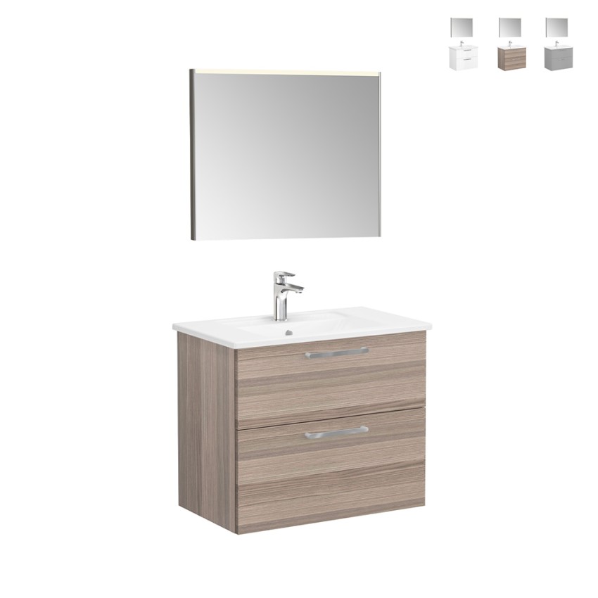 Mobile da Bagno sospeso Rovere 80cm con cassetto specchio e luce Domus