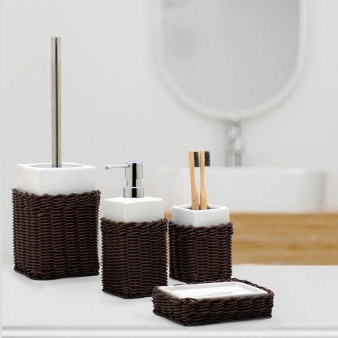 Badaccessoires Set: Seifenschale, Zahnputzbecher, Seifenspender und Toilettenbürste aus Rattan und weißer Keramik  Rattan Aktion