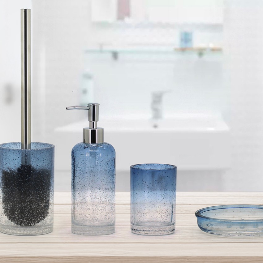 Badezimmerzubehör Seifenschale Zahnbürstenhalter Toilettenbürstenhalter blaues Glas Elba Aktion Badezimmerzubehör Seifenschale Zahnbürstenhalter Toilettenbürstenhalter blaues Glas Elba Aktion
