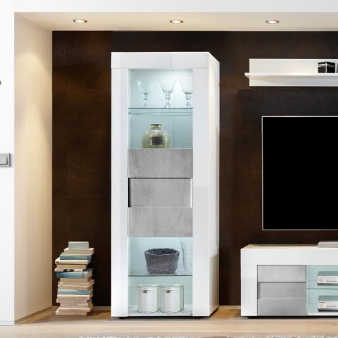 Vitrine de rangement pour salon moderne blanc gris ciment Etro Easy Promotion
