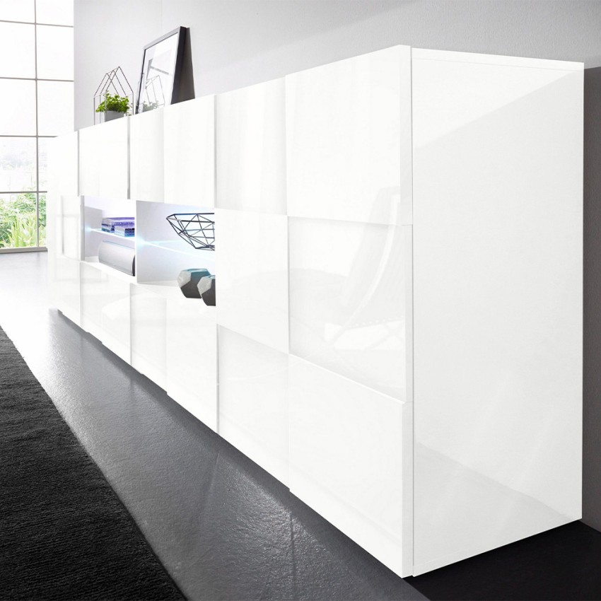 Moderne Küchenkommode 241cm Hochglanz Weiß, 2 Türen, 4 Schubladen, Dama Wh L Aktion Moderne Küchenkommode 241cm Hochglanz Weiß, 2 Türen, 4 Schubladen, Dama Wh L Aktion