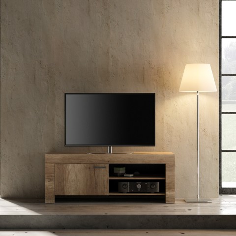 Meuble TV en bois chêne de 140 cm avec compartiments et porte Petite Land Promotion
