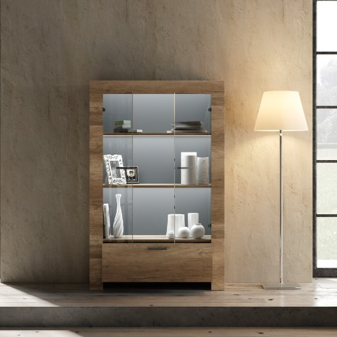 Vitrine moderne en bois de chêne 2 portes 1 tiroir salon Saba Land Promotion