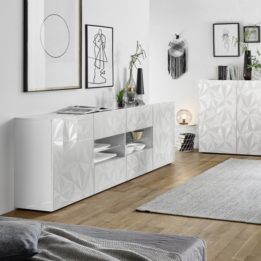 Moderne Anrichte mit 2 Türen und 4 Schubladen in Hochglanz Weiß, 241 cm, Prisma Wh L Aktion Moderne Anrichte mit 2 Türen und 4 Schubladen in Hochglanz Weiß, 241 cm, Prisma Wh L Aktion