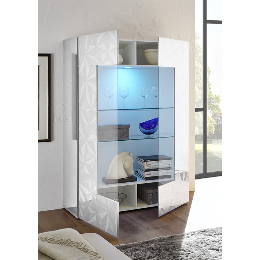 Murano Wh vitrine 2 portes verre blanc brillant salon moderne 121x166cm