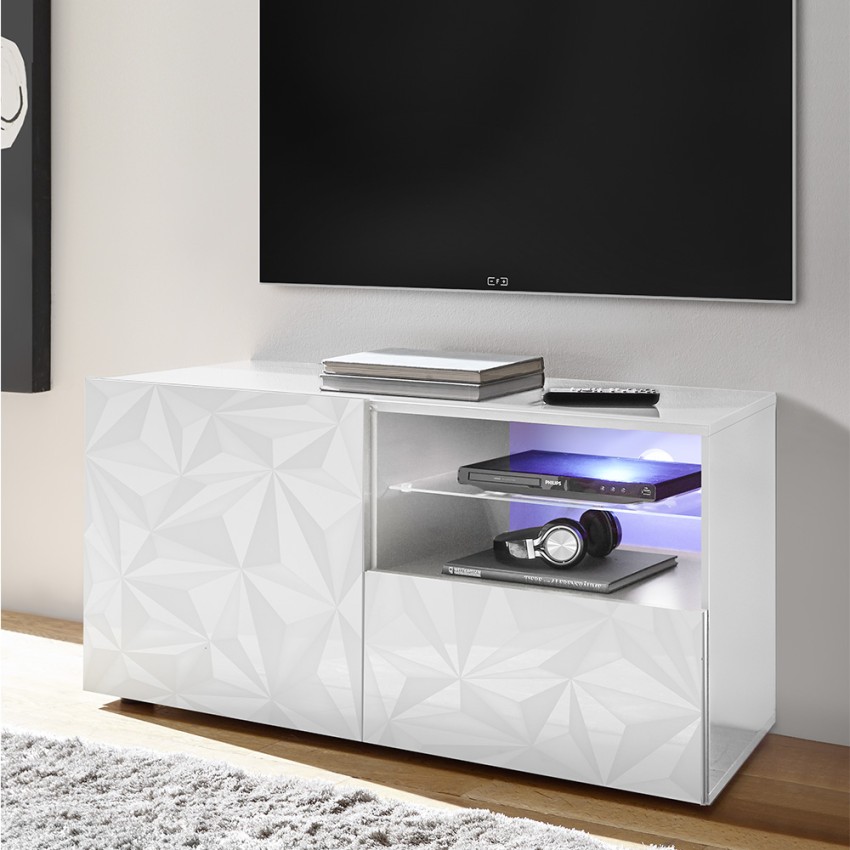 Weiß glänzendes TV-Möbel mit 1 Tür und Schublade, 121cm, Petite Wh Prisma Aktion Weiß glänzendes TV-Möbel mit 1 Tür und Schublade, 121cm, Petite Wh Prisma Aktion