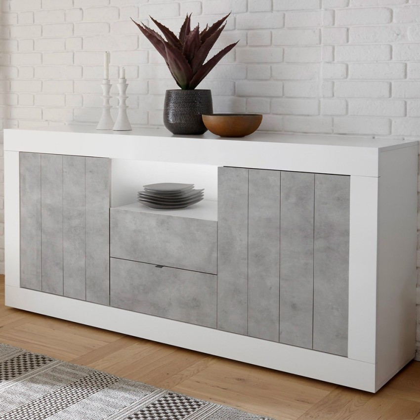 Buffet de salon 2 portes 2 tiroirs blanc brillant béton Doppel LBC Promotion Buffet de salon 2 portes 2 tiroirs blanc brillant béton Doppel LBC Promotion