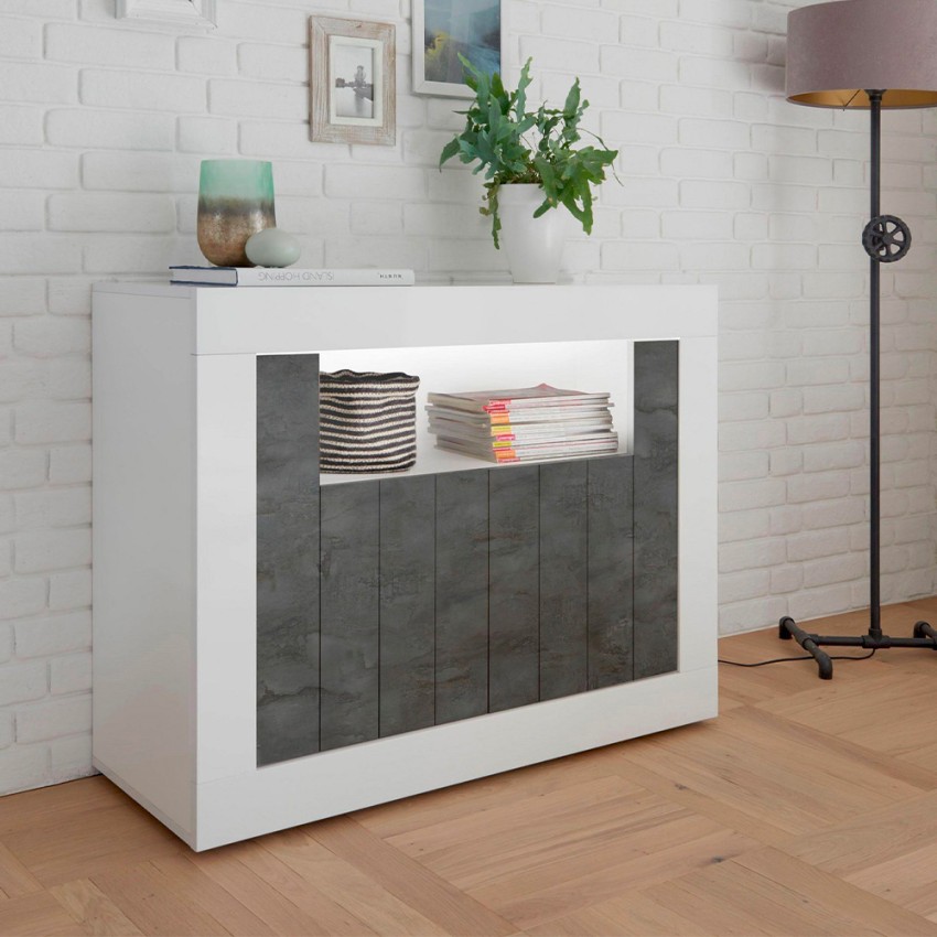 Moderne Design-Kommode, weiß glänzend, schwarz, 2 Türen, 110 cm, Minus BX Aktion Moderne Design-Kommode, weiß glänzend, schwarz, 2 Türen, 110 cm, Minus BX Aktion