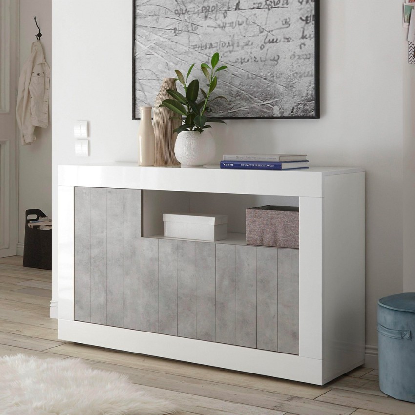 Buffet de salon 3 portes 138cm blanc brillant et béton Doppel MBC Promotion Buffet de salon 3 portes 138cm blanc brillant et béton Doppel MBC Promotion