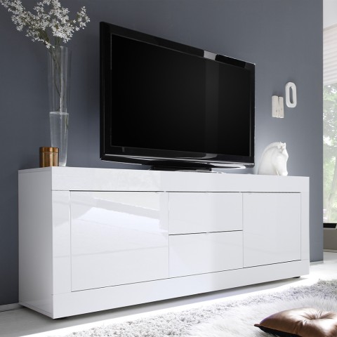 Mobile porta TV 2 ante 2 cassetti moderno 210cm bianco lucido Visio Wh Promozione