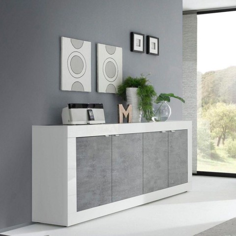 Modernes Wohnzimmer Sideboard 4 Türen glänzend weiß Zement 207cm Altea BC Aktion