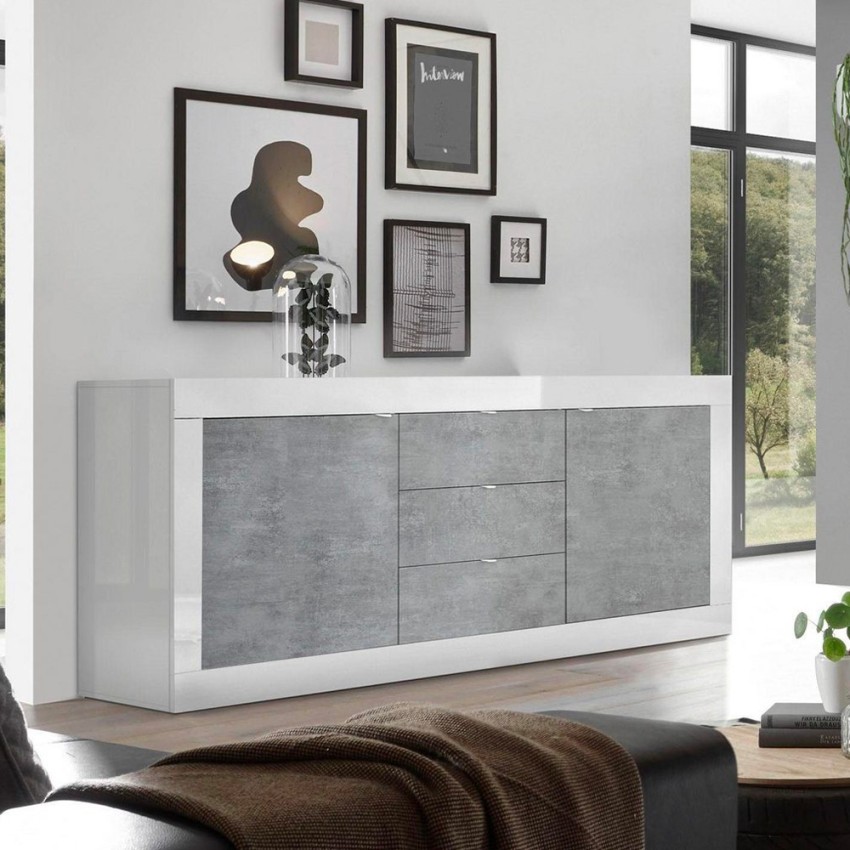 Sideboard mit 2 Türen und 3 Schubladen in Hochglanz Weiß-Beton 210cm Tribus BC Basic Aktion Sideboard mit 2 Türen und 3 Schubladen in Hochglanz Weiß-Beton 210cm Tribus BC Basic Aktion