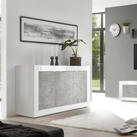 Modernes Wohnzimmer Sideboard 3 Türen glänzend weiß Zement Modis BC Basic Aktion